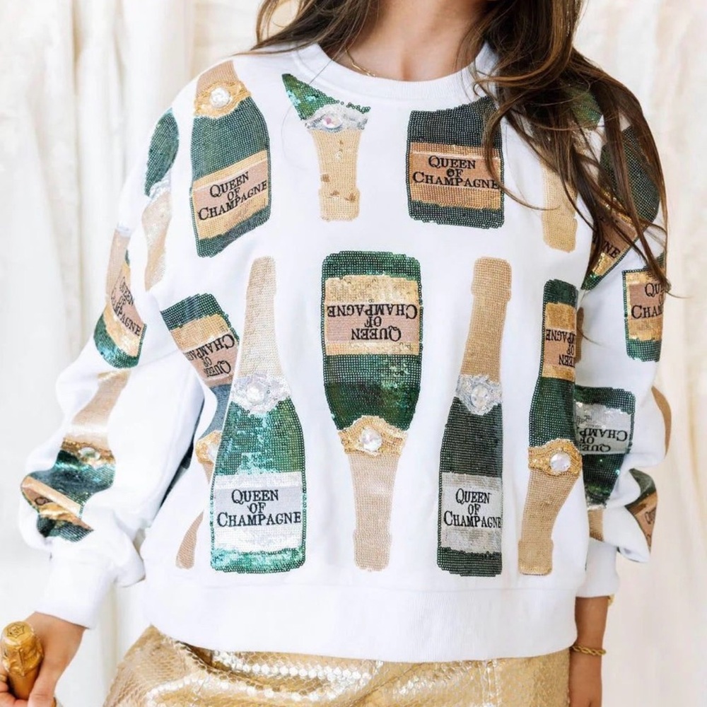 Queen of Sparkles green Sweater with Champagne Bottle Design